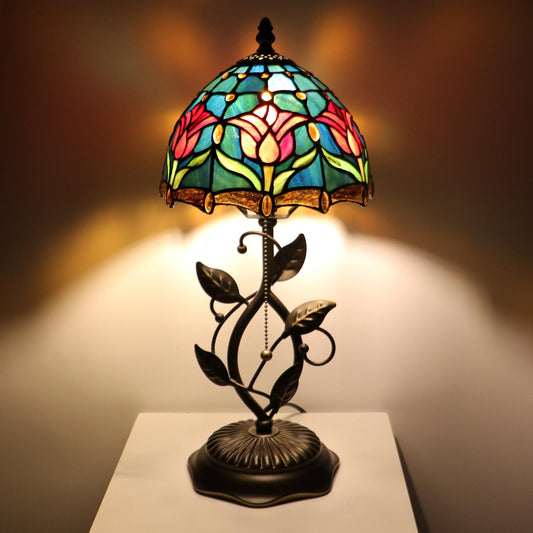 MQYXH Tiffany Style Stained Glass Table Lamp Red Blue Tulip 18 Inch