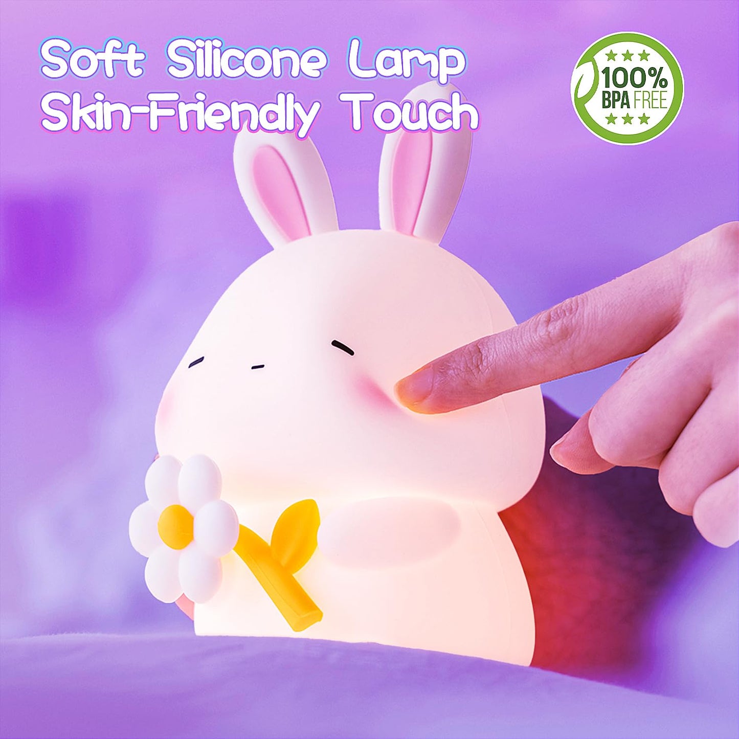KinYiLO Bunny Night Light, 3 Level Dimmable Rabbit Nursery Nightlight, 1200mAh Soft Silicone Bedside Touch Lamps, Cute Rechargeable Easter Bunny Gifts Room Decor