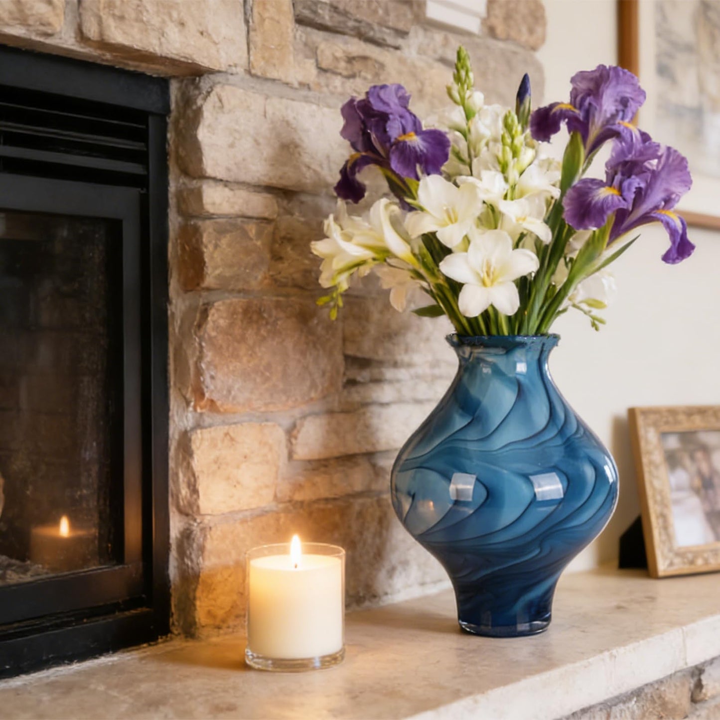 9.45" H Blue Glass Vase, Hand Blown Glass Vase with Marble Veins, 3.15in Wide Mouth Curved Hourglass Vase, Table Vase for Living Room Table Bookshelf, Bathroom Office Shelf Blown Glass Decor