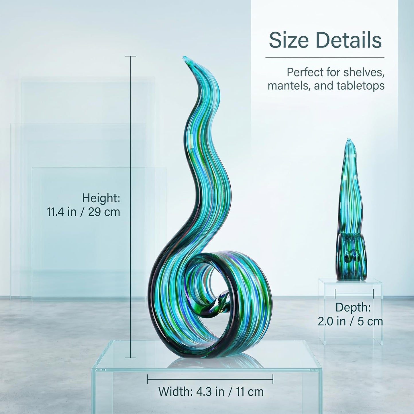 LCCCK 11.4in H Large Table Statue, Teal Hand Blown Glass Sculptures for Coastal Home Decor, Abstract Wave Statue and Tabletop Centerpiece for Entryway Shelf Mantel Office Display, Modern Art Accent
