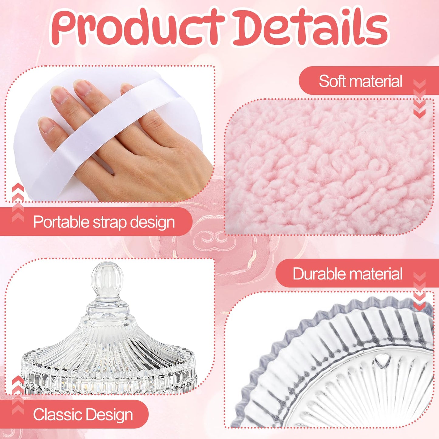 Body Powder Container with Large Powder Puff (2 Pack, 6" Glass Jar), Decorative Crystal Powder Puff Holder for Loose Powder, Talcum Powder, Gift Set for Women and Babies