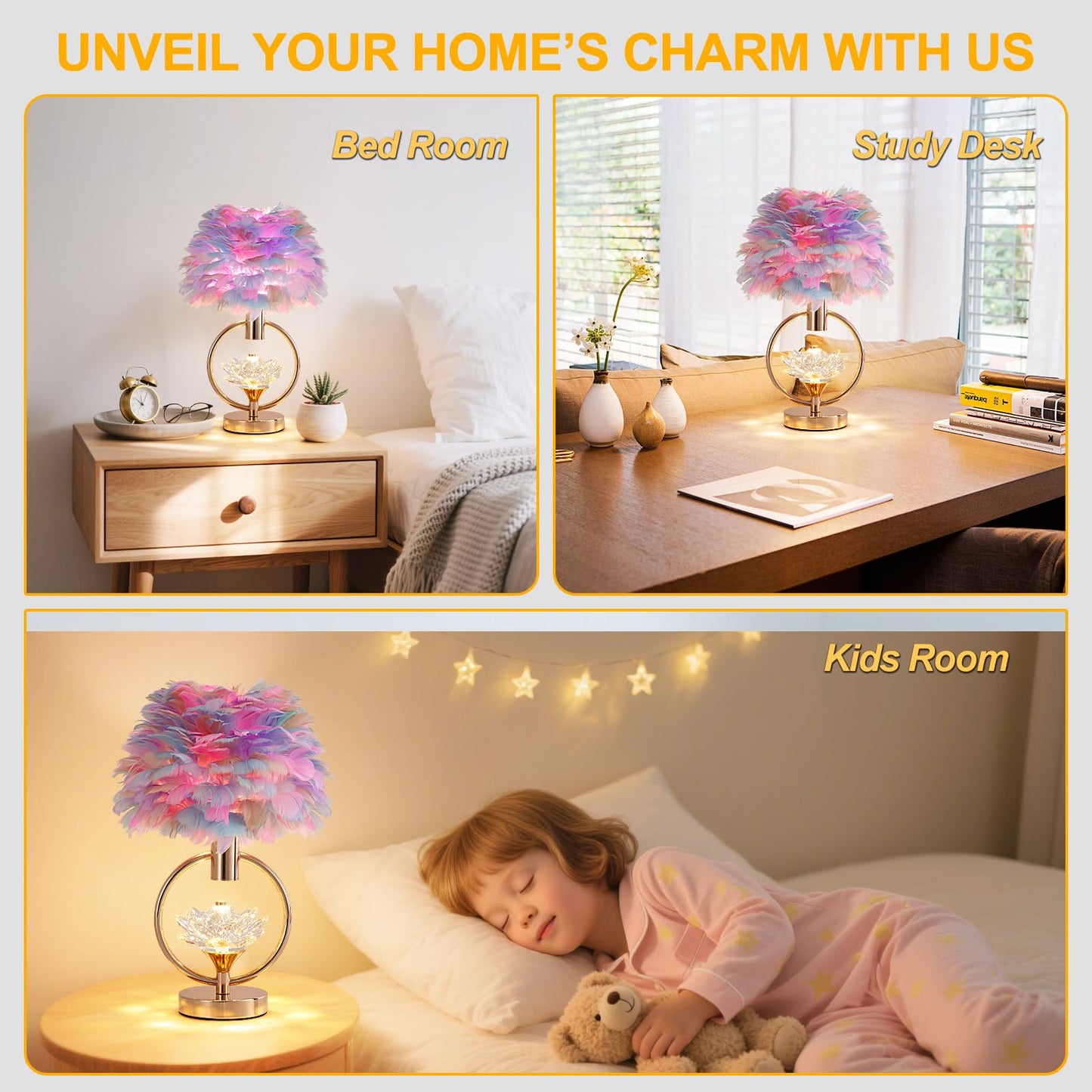 ZYLEISENBAO Colorful Feather Lamp 17IN Unique Crystal Feather Bedside Nightstand Lamp Nordic Romantic Desk Light Fluffy Table Lamp for Girl Bedroom Wedding Christmas Gift Deco Living Room Entry