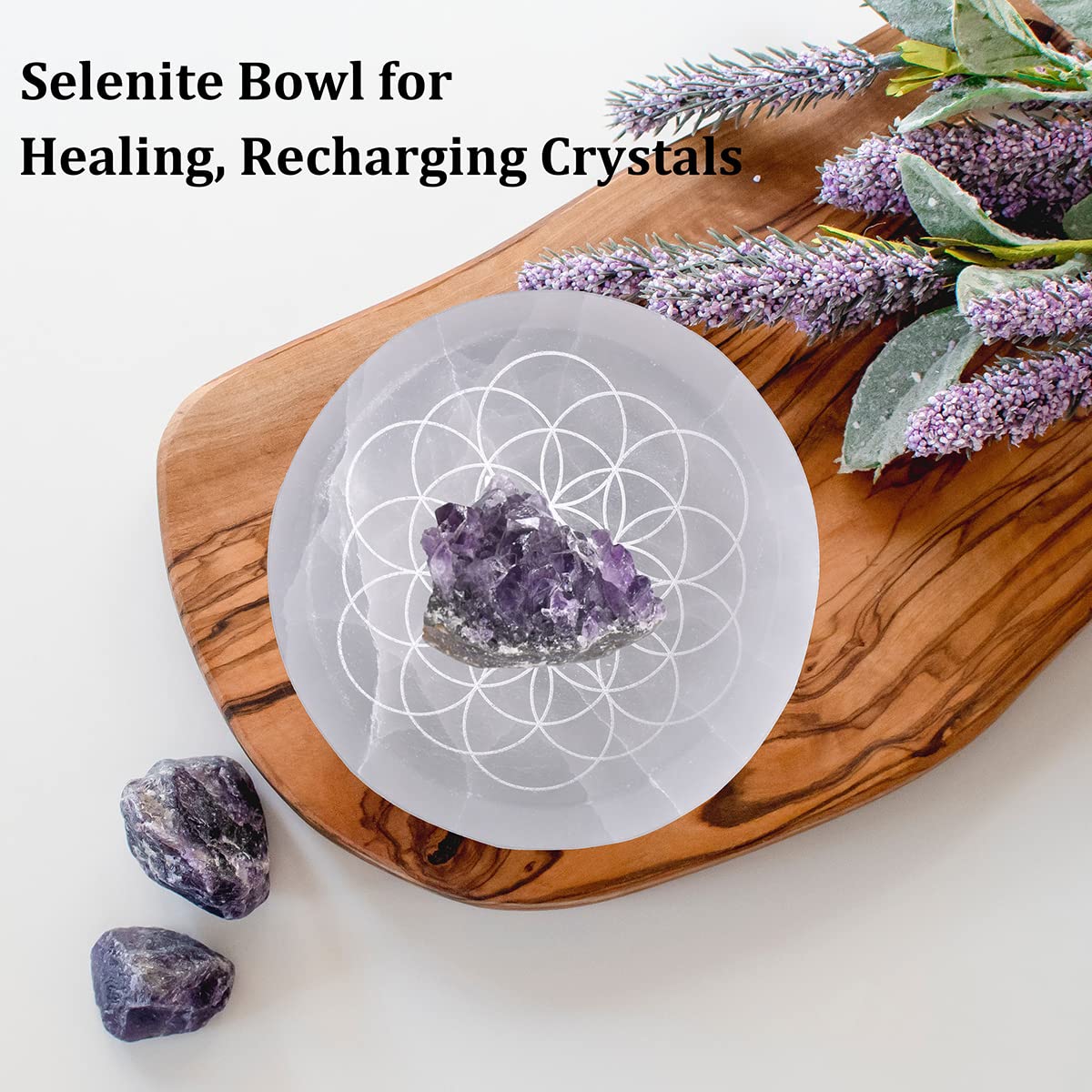 JIC Gem Etched Selenite Bowl Moroccan Selenite Crystal Stone Bowl Healing Crystals Charging Plate Round Engraved Crystal Matrix 3.5-4 inch