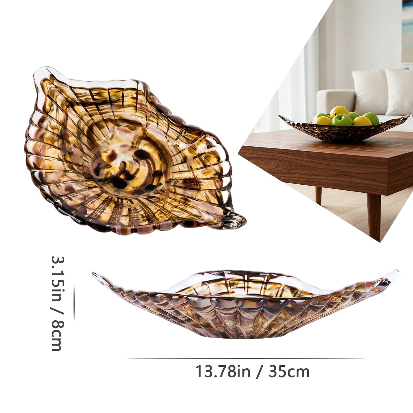 Hand Blown Glass Seashell Fruit Bowl,Gradient Decorative Glass Bowl for Kitchen Countertop,Coastal Seashell Serving Tray for Fruit Snacks,Art Table Centerpiece for Beach House Kitchen Decor (Brown)