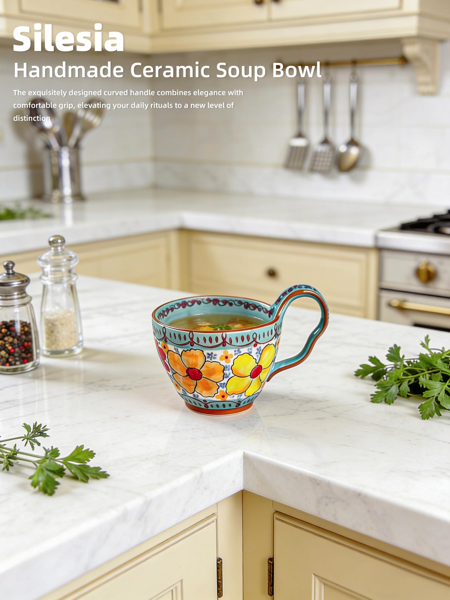 silesia 18 oz Handmade Cereal Bowl with Loop Handle (Glazed Blue)
