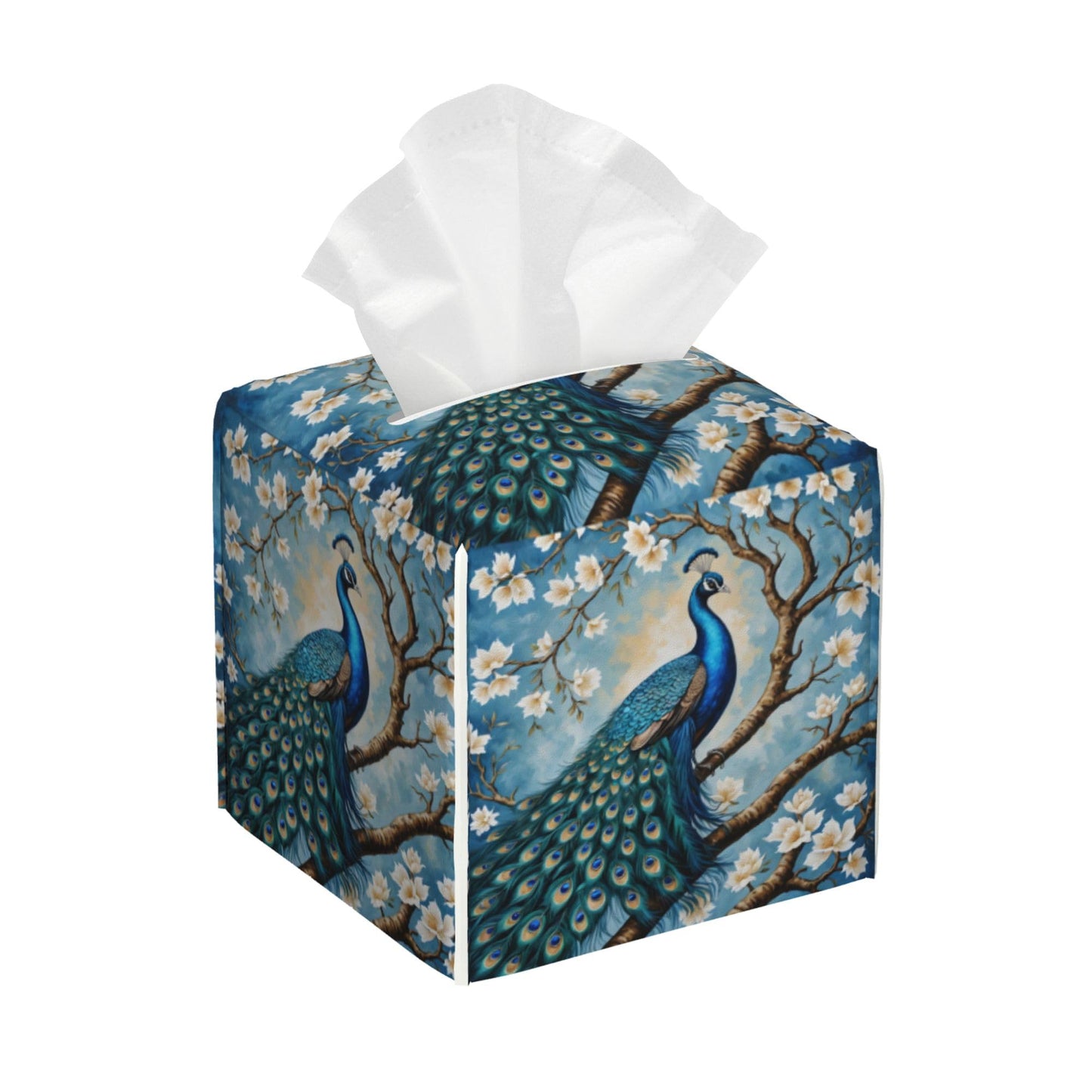 Tissue Box Cover Leather Tissue Box Holder Cube Tissue Case Cover Facial Paper Organizer Dispenser for Bathroom, Vanity Countertop, Office Desk (Peacock Perched on Branch with Flowers)