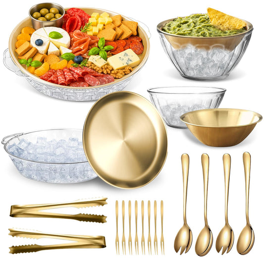 4 Set Gold Chilled Serving Tray and Dip Bowl for Parties, Chilled Serving Bowl Veggie tray Shrimp Cocktail Serving Dish with Salad Spoon & Fork, Tong and Forks for Fruit Seafood Vegetable Appetizer