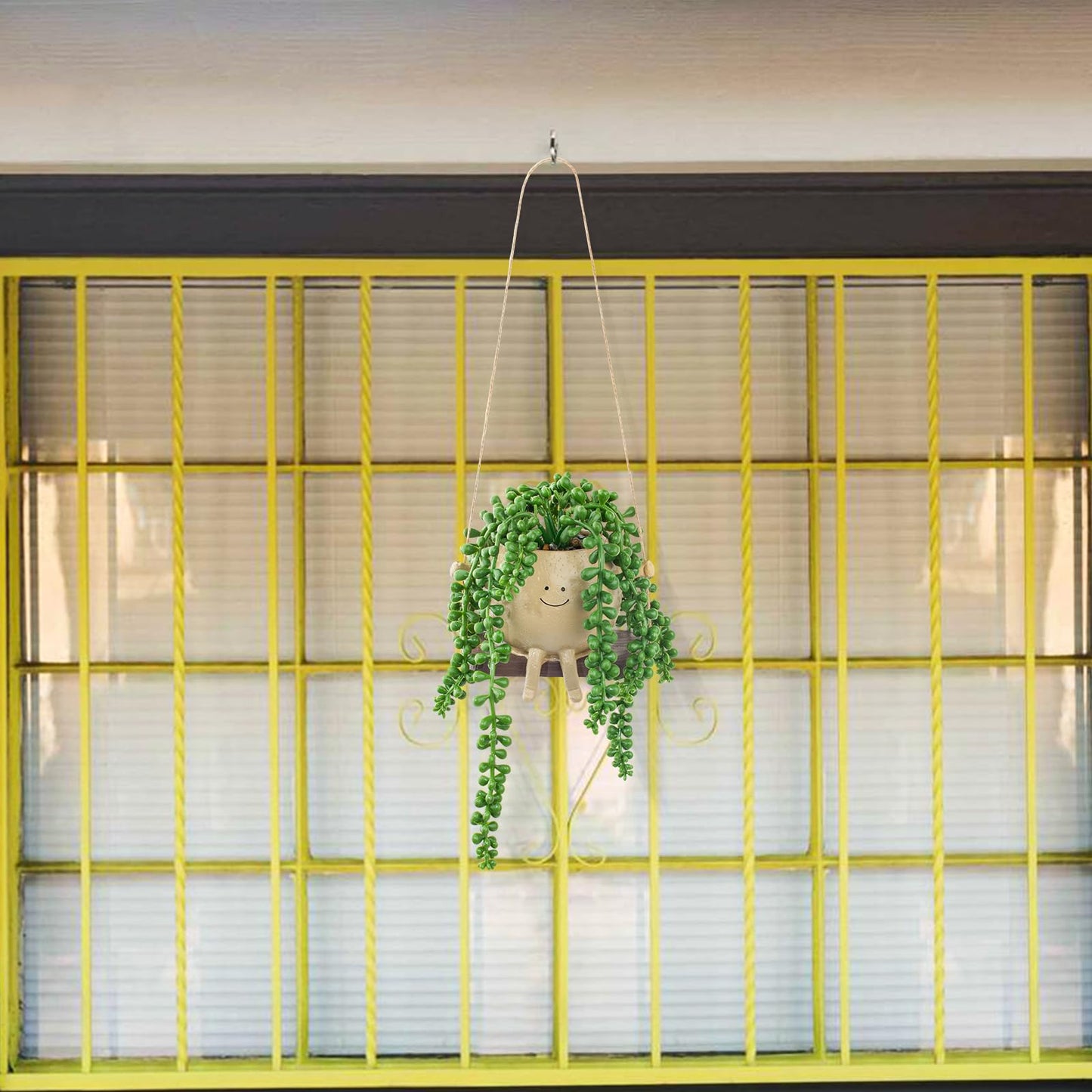 LUZOGA Artificial Hanging String of Pearls Succulent in Cute Smiley Face Swing Planter, Fake Trailing Succulent Plant for Indoor Outdoor Home Wall & Window Decor | Includes Hanging Hook