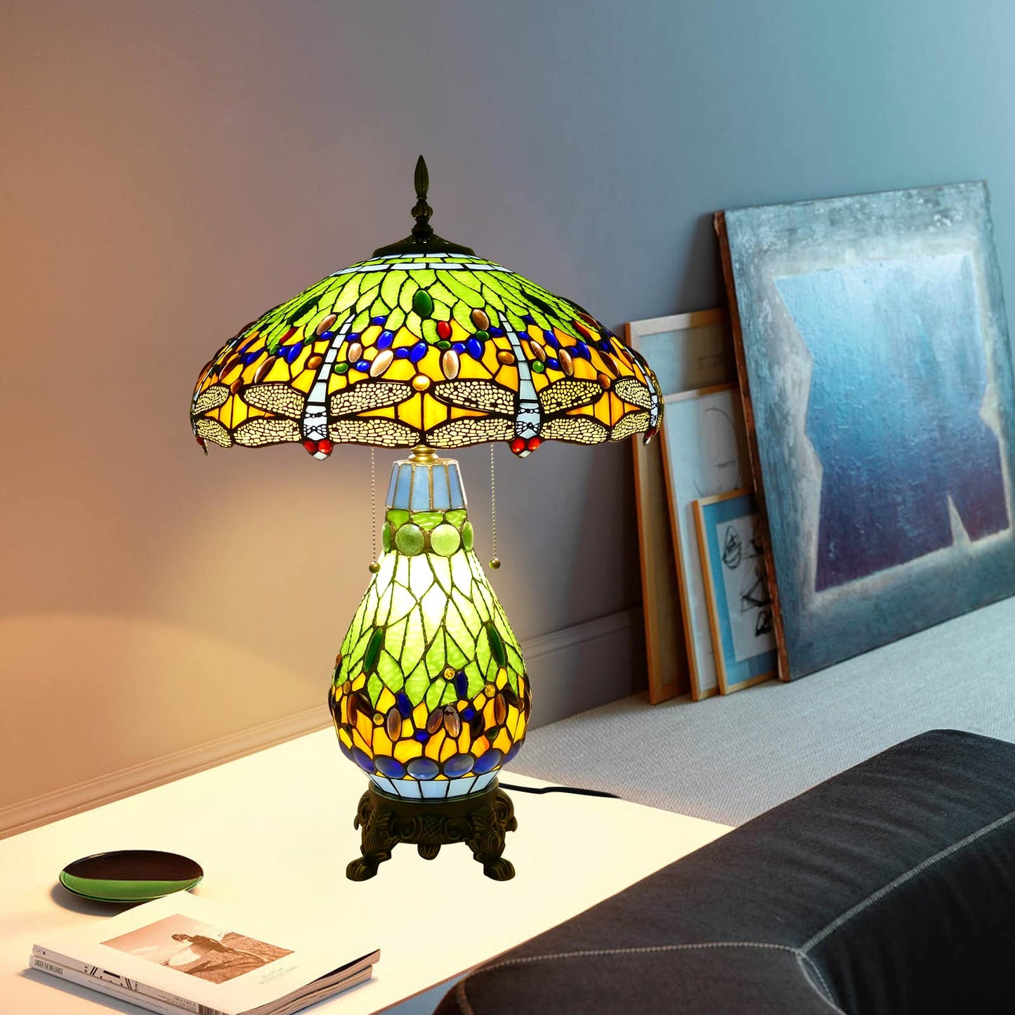 VirtueKing Tiffany Style Table Lamp Green Dragonfly Tiffany Lamp Handmade Stained Glass Lamp 18x18x27 Inches Desk Reading Light for Bedroom Living Room Home Office Decoration, LED Bulb Included