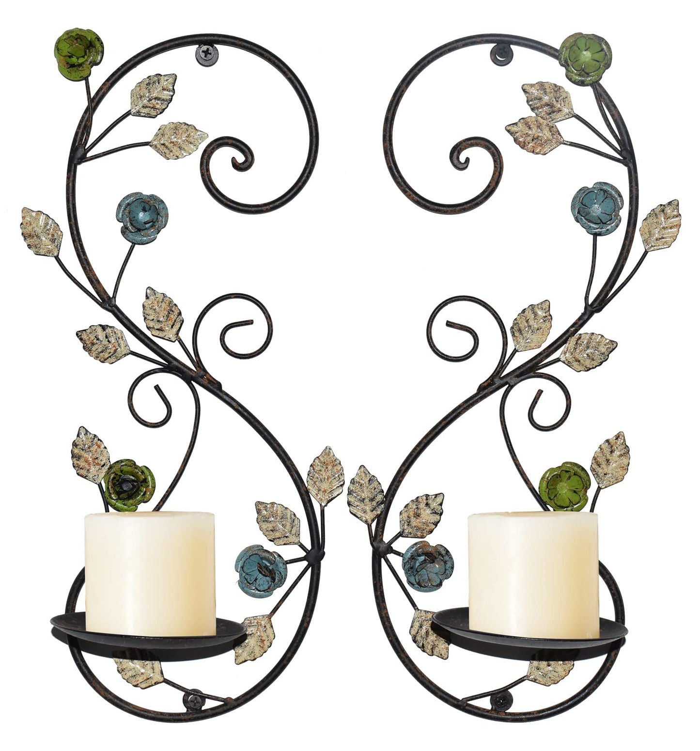 JUCONSIN Wall Sconces Candle Holder Set of 2, Antique Multi-Color Leaf Branch Wall Mount Hanging Metal Wall Candle Holder Candle Sconce for Living Room Dining Room…