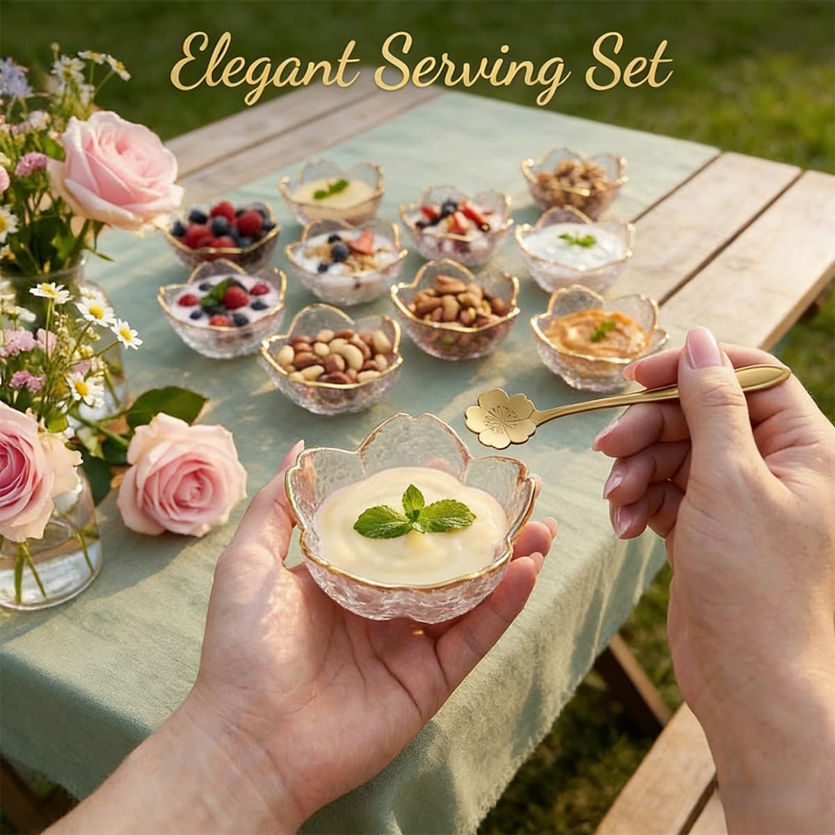 ZAJINJABD 3.3” Small Sakura Dipping Bowls Set with Gold Spoons，Clear Glass Sauce Dishes with Gold Trim for Soy Sauce, Sushi, Snacks, and Party Appetizers （2 Bowls+2 Spoons）