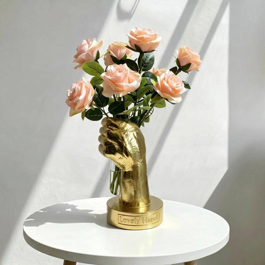 Hand Vase with Glass Tube for Flowers, Modern Resin Hand Sculpture Vase for Dried Flowers, Fresh Roses & Candles, Aesthetic Hydroponic Decor for Bookshelf Coffee Table Office (Gold)