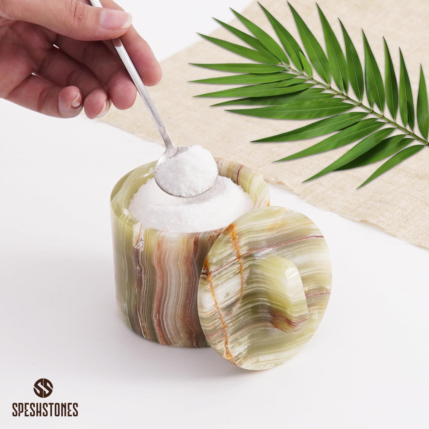 SPESHSTONES Marble Salt Cellar Handmade 4 Inch Green Salt Containers for Countertop - 5.2 Oz Salt Holder, Marble Sugar Bowl with Lid and Spoon, Spice Jars for Seasoning Container, Stone Salt Box