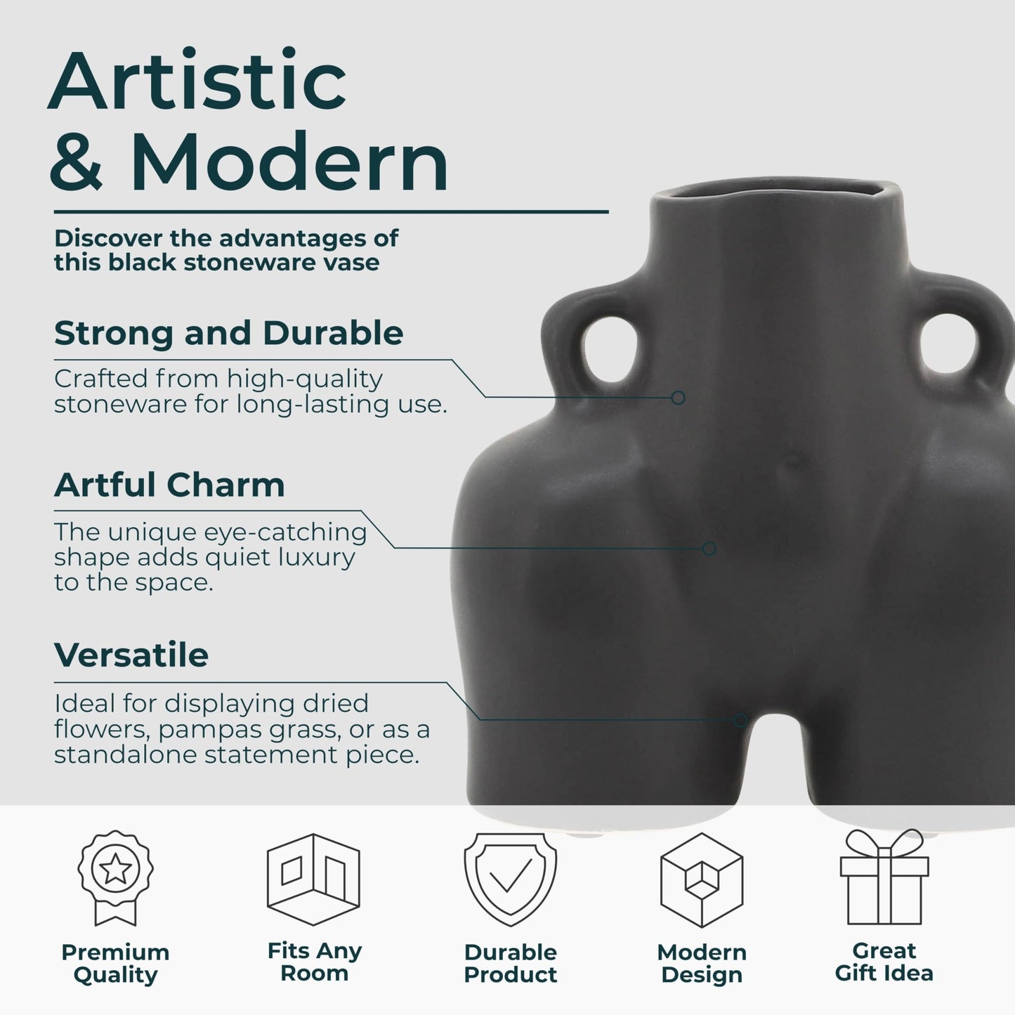 Ceramic Vase Flower Holder – Decorative Accent for Shelves or Tables, Living Room, Bedroom, or Office Placement, Modern Sculptural Home Decor Design for Visual Impact – 6", Black