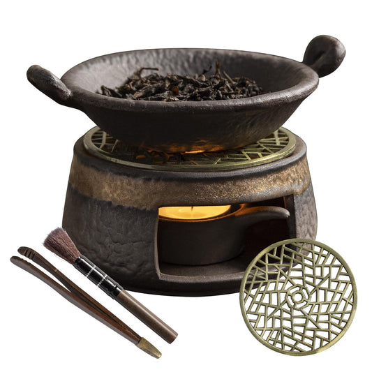 Cedar Aromatherapy Burner & Ceramic Oil Warmer for Home & Office (Heat-Resistant Double-Handled Baking Tray + Stone-Patterned Oven + Accessories)