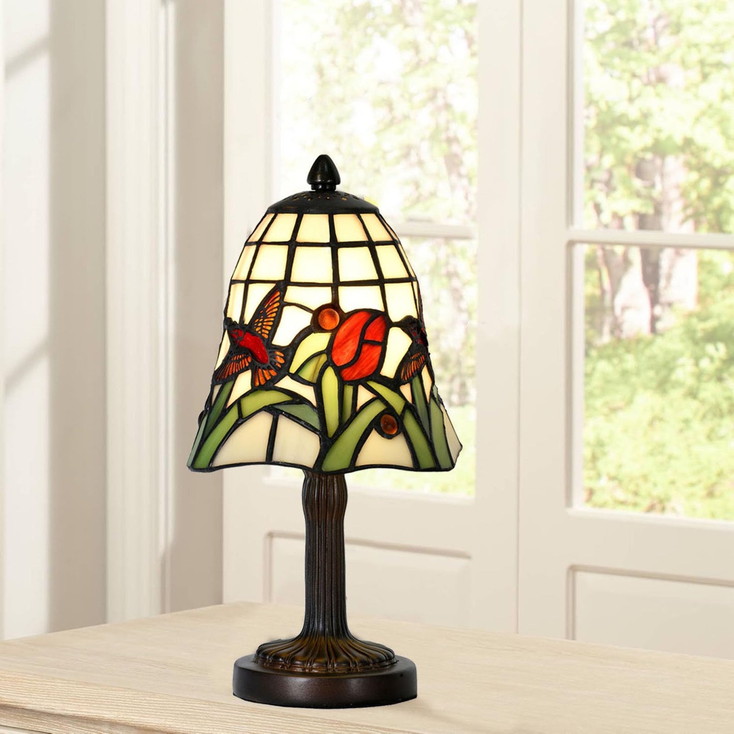 HomeBeauty TL0039 Tiffany Style Mini Table Lamp,Handmade Stained Glass Hummingbird Tulip Accent Lamp,W 6" x H 11.75" Small Desk Lamp for Bedroom Living Room,Nightstand,Coffee Table, LED Bulb Included