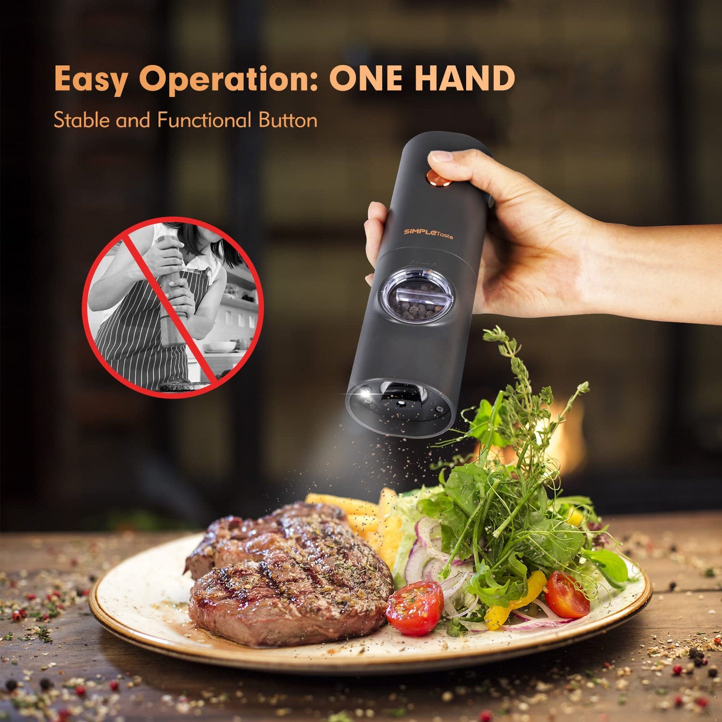 SIMPLETASTE Electric Salt and Pepper Grinder Set with LED Light, Automatic Pepper Mill Shakers with Adjustable Coarseness, One Hand Operation for Kitchen, Dining, Gifting, Space Gray, Battery Operated