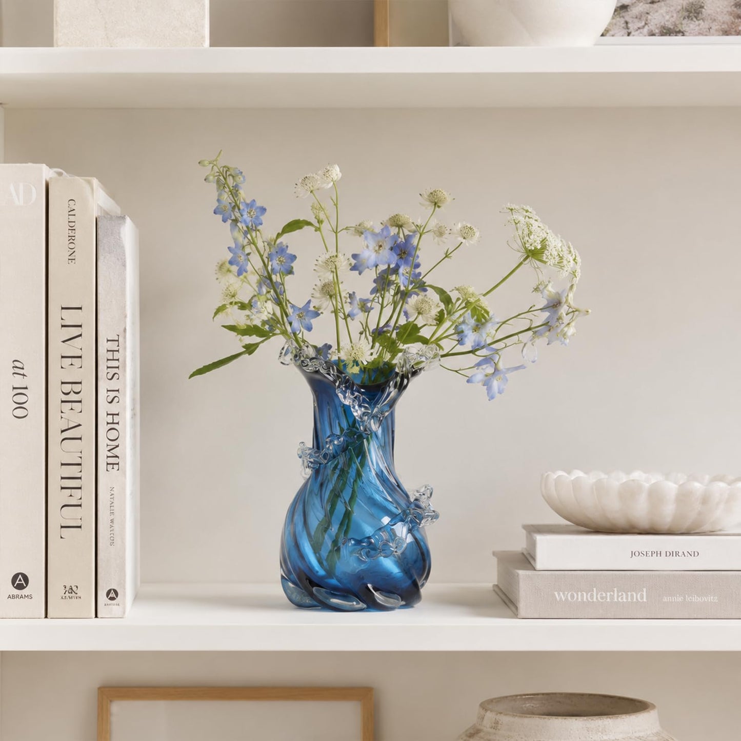 Hand Blown Blue Glass Vase, Wavy Wide Mouth Coastal Flower Vase
