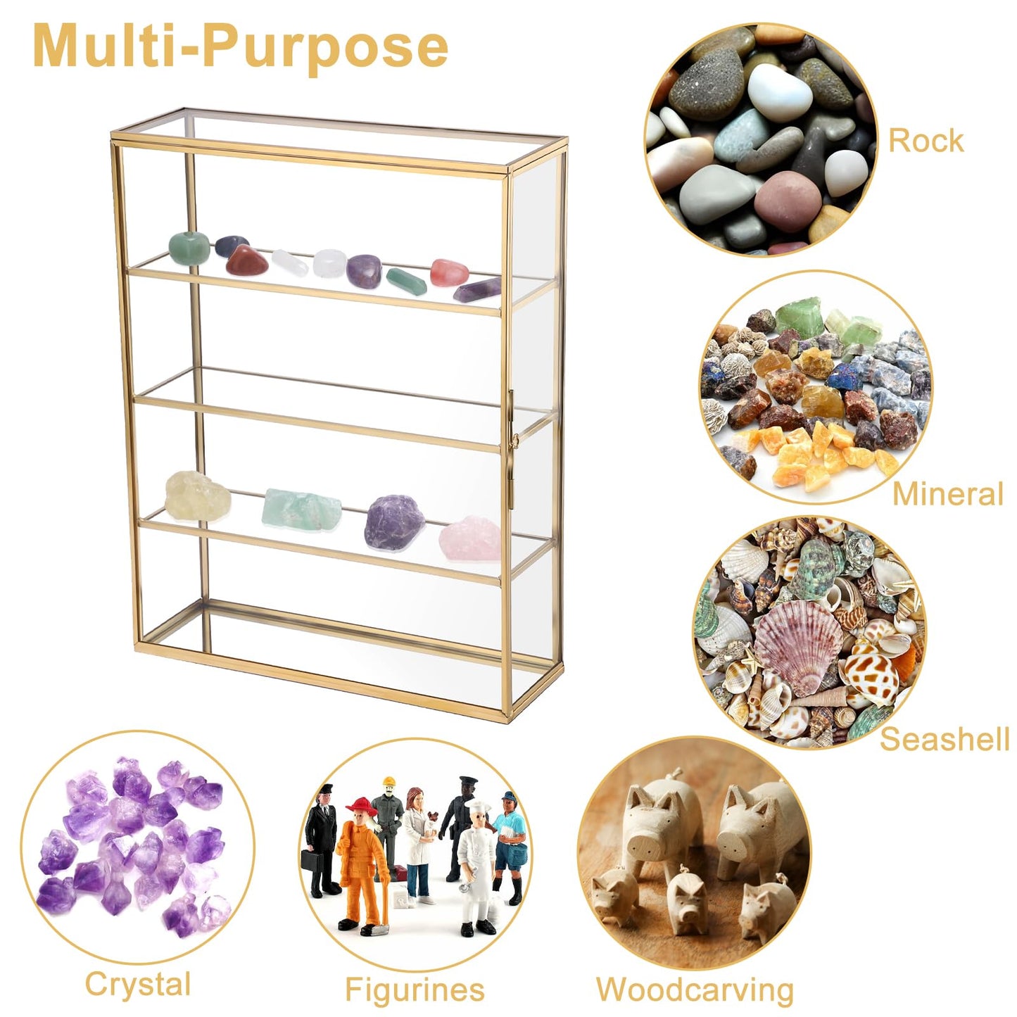 JUXYES 4 Tiers Tabletop Brass Glass Rock Display Case with Latch Door, Modern Clear Rocks Display Case Box with Mirror Bottom, Gold Dust Proof Case for Collectible, Mineral Crystal, Stones