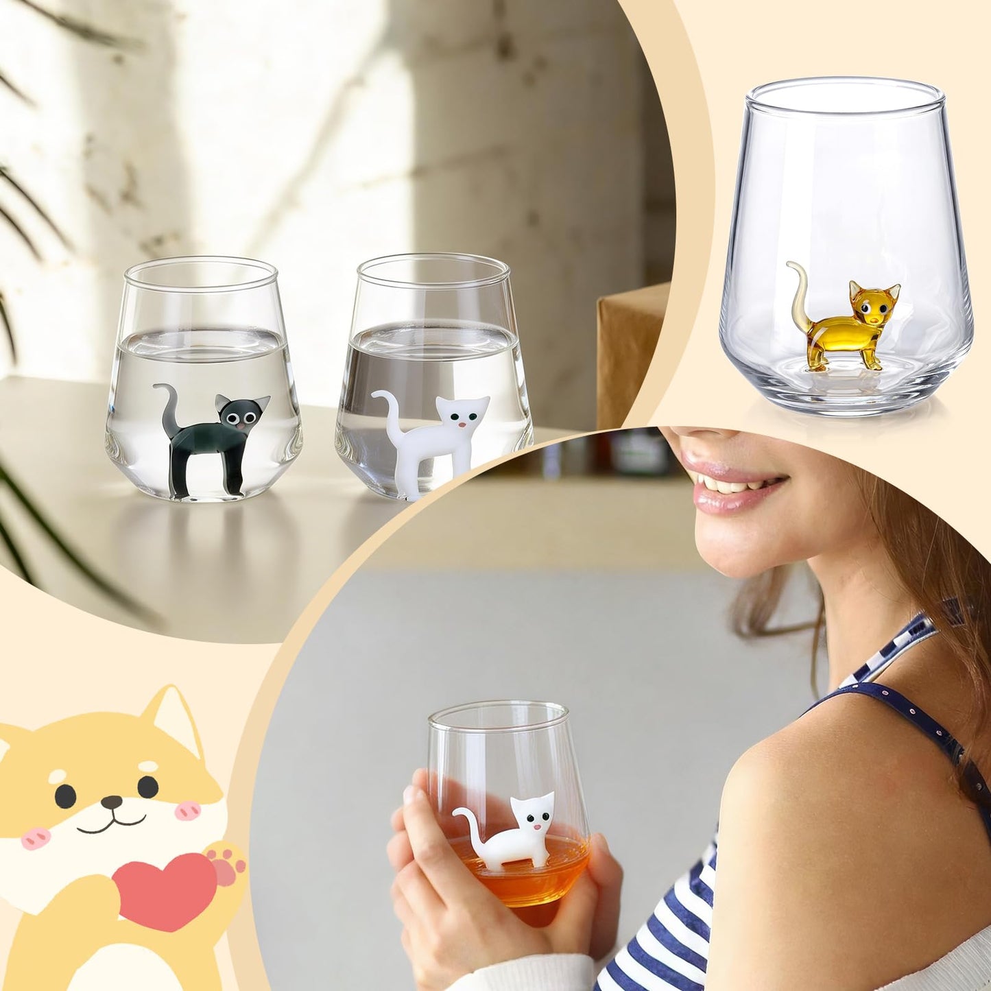 Yiyiring 4 Pcs Cat Figurine Glass Cup 3D Animal Cup Handmade Glassware for Unique Gift for Cat Lovers Gift Holiday Gifts Birthday Present Women Mum Her Wife or Boy Men