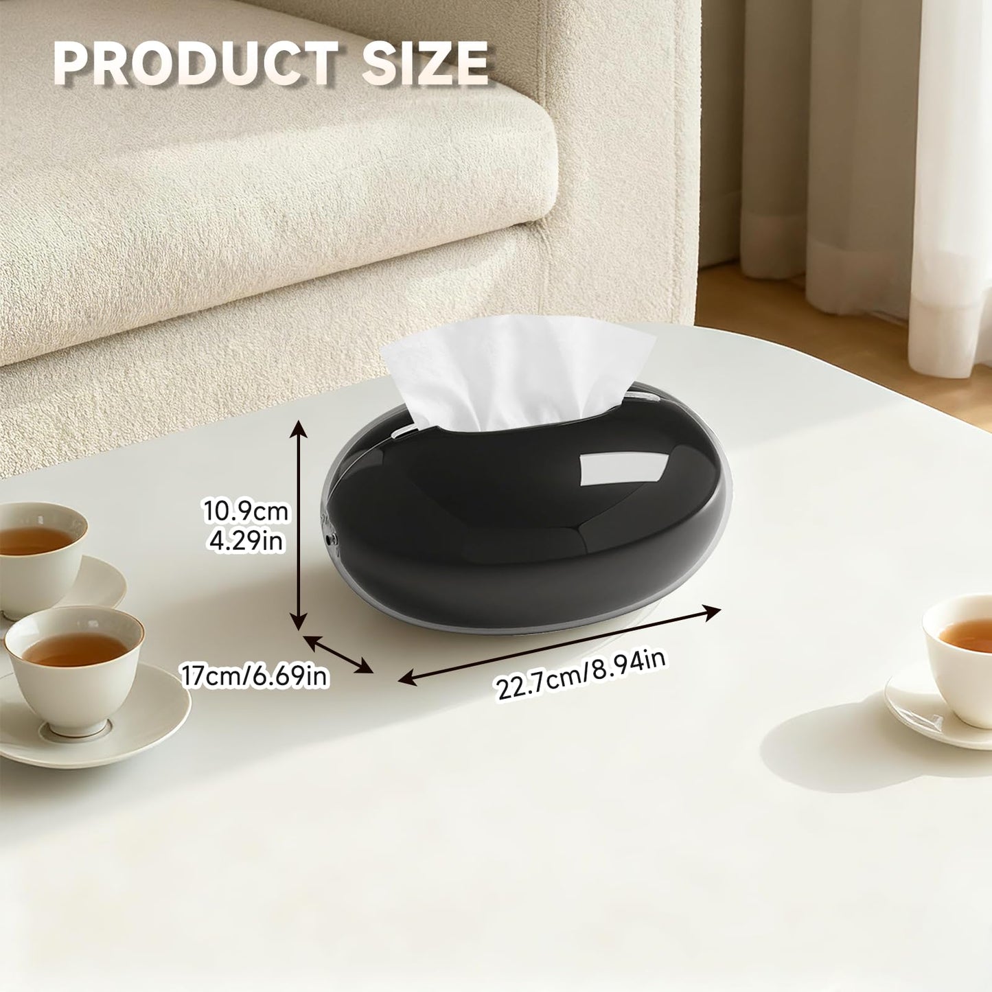 Acrylic Tissue Box Cover, Large Round Design with Non-Slip Base, Beige Decorative Holder for Bathroom, Living Room, Office (Black)