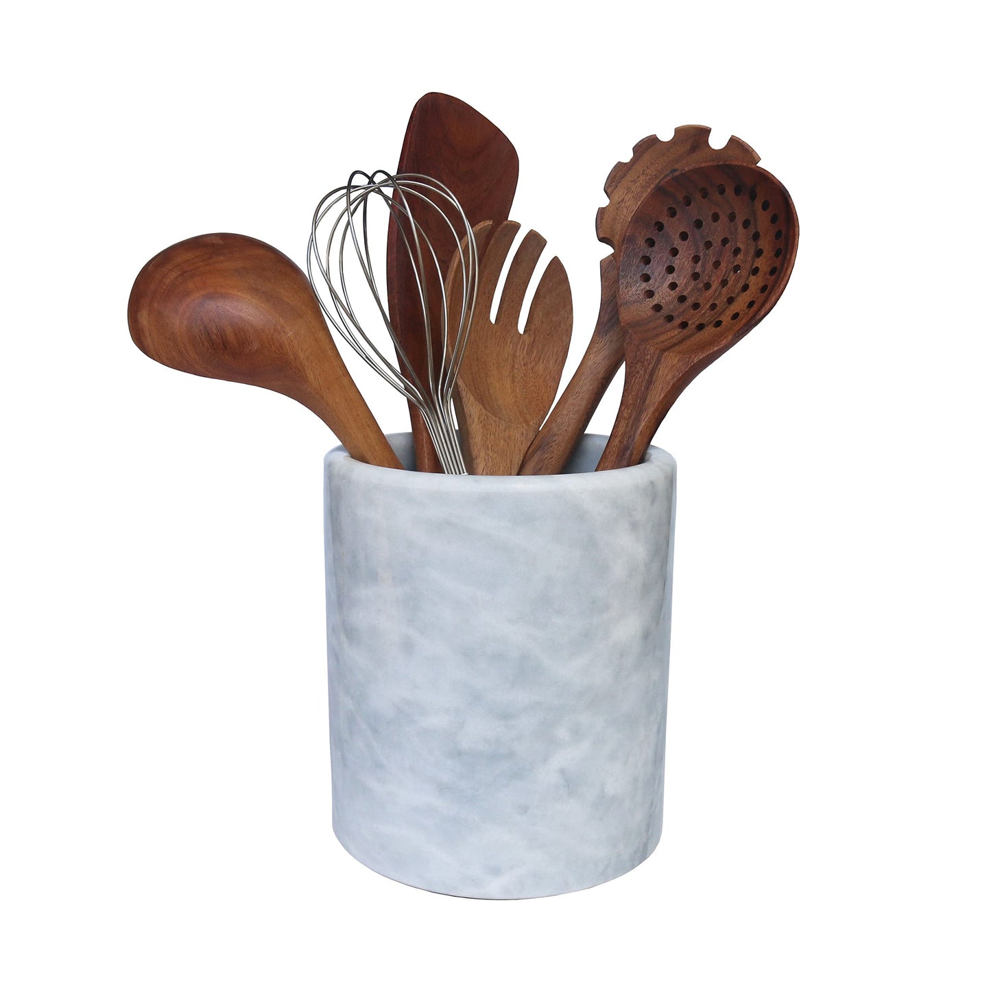 HillSpring Large Marble Kitchen Utensil Holder for Countertop, Tool Organizer with Protective Padded Base, Farmhouse Decor Gift, Wine Chiller Bucket, 6.4", Grey