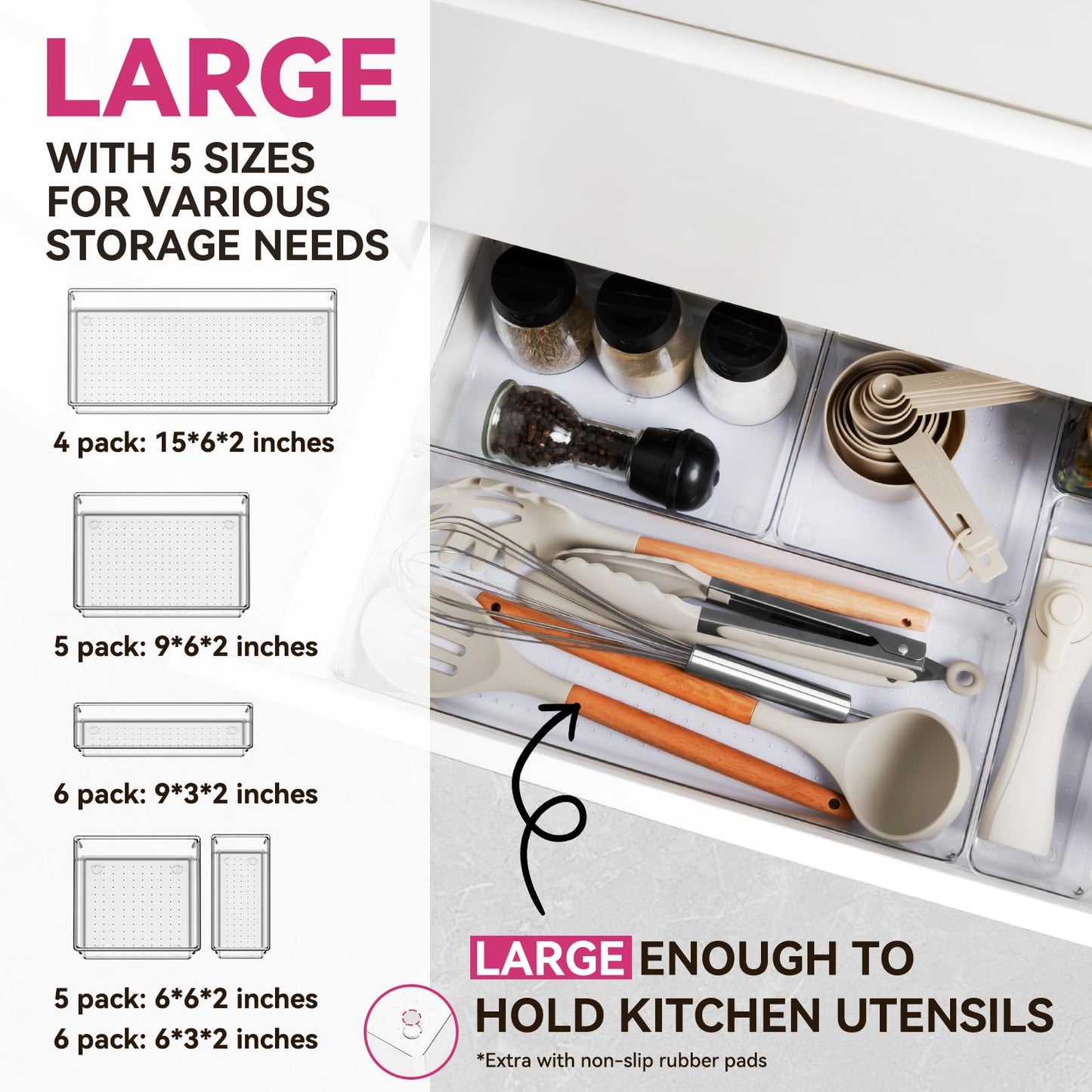 Criusia Large Drawer Organizer Bins 26 Pack | Complete 5 Size Clear Plastic Kitchen Drawer Organizers for Utensils | Bathroom Drawer Organizer Trays | Versatile for Makeup Office Organization
