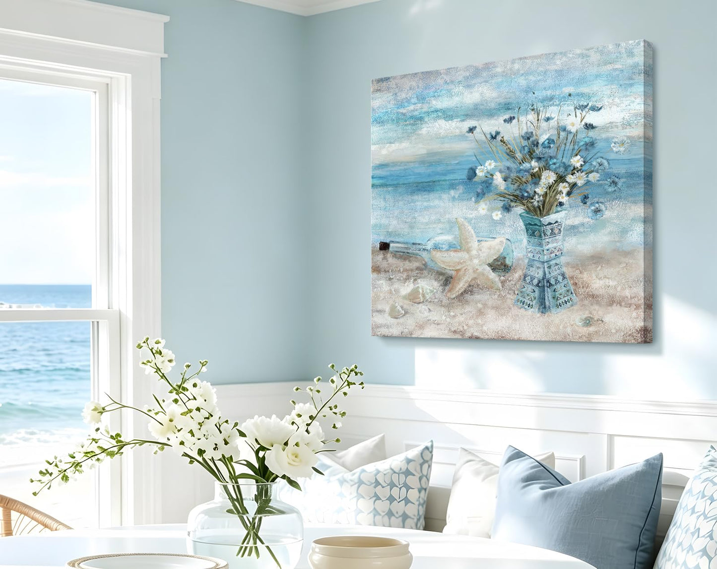 Beach Wall Art for Living Room Blue Ocean Theme Canvas Print Modern Abstract Coastal Picture Seascape Painting Daisy Flower in Indian Vase Framed Artwork for Seaside Bedroom Bathroom Office 24x24inch