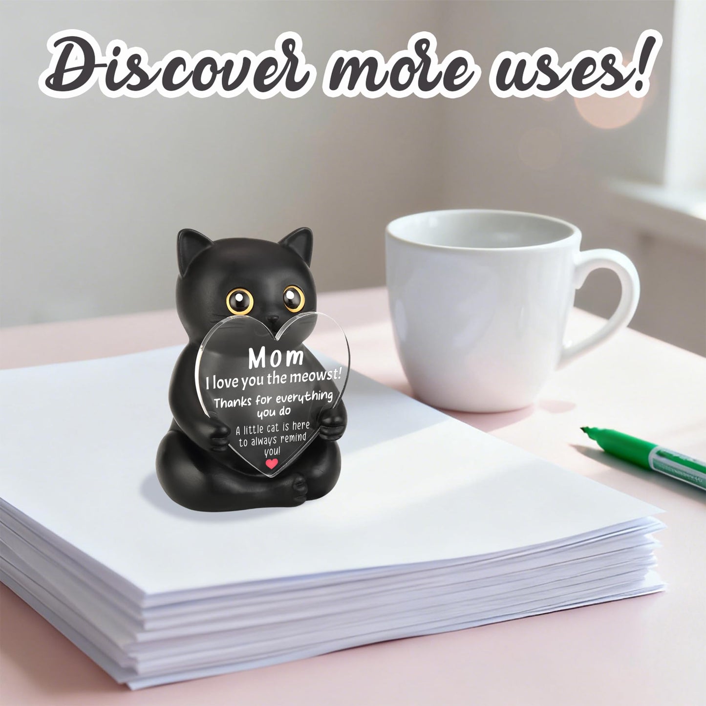 FTONENI Black Cat Thank You Gift for Mom, Appreciation Desk Figurine for Birthday Retirement, Cute Encouragement Desk Decor from Daughter Son - FDD630