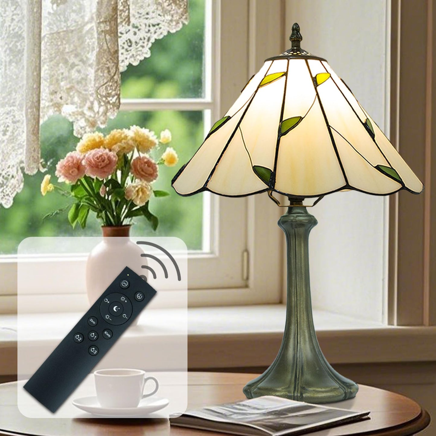 Ppbmocw Tiffany Style Table Lamp, Small Stained Glass Lamp for Bedside, Bedroom, Nightstand, Living Room, 12 Inch Mini Vintage Light Included E26 Bulbs with Remote Control (White with Leaves)