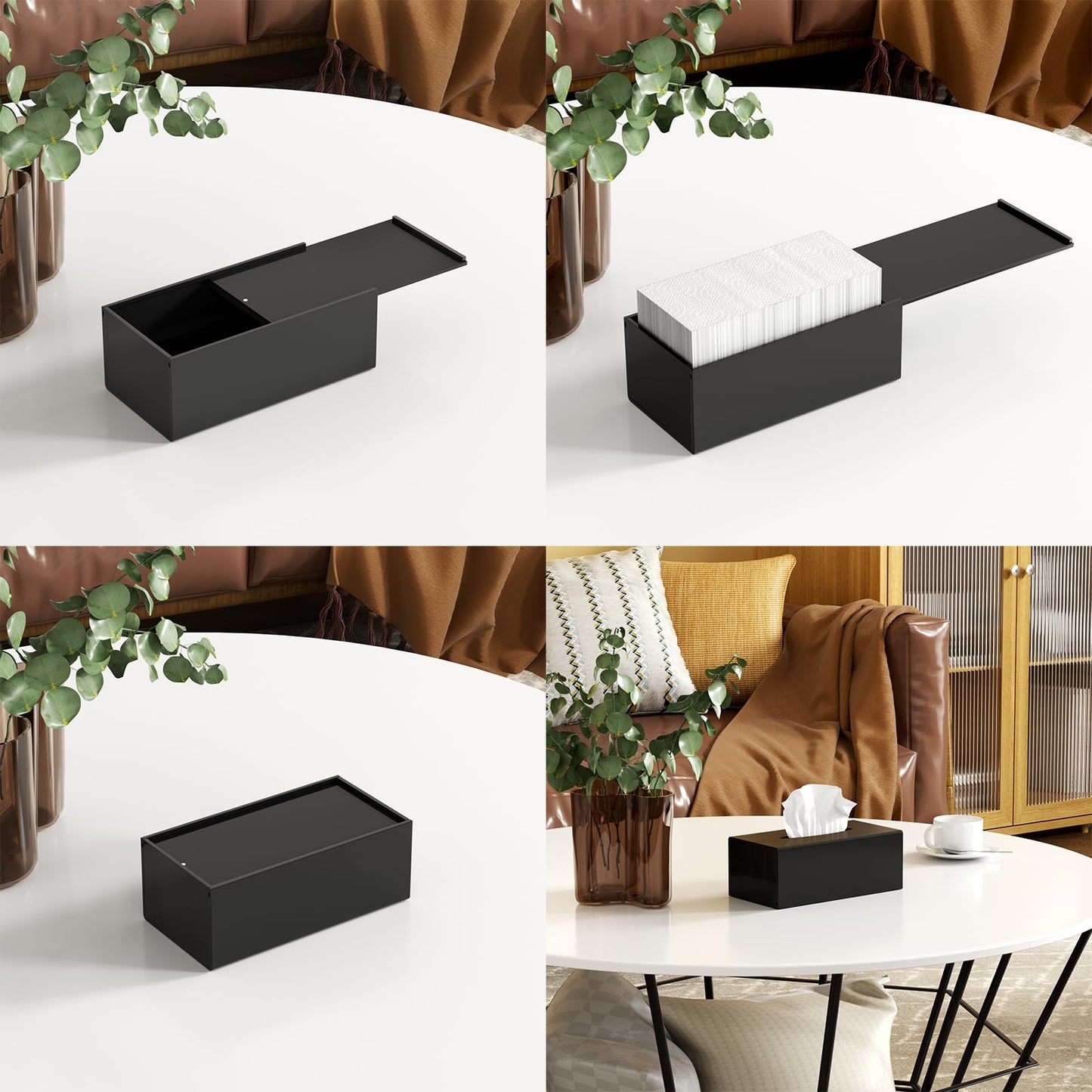 FEMELI Acrylic Tissue Box Cover Rectangular - Matte Solid Cube Napkin Holder with Magnetic Bottom, Modern Decorative Facial Paper Dispenser for Bathroom, Bedroom, Kitchen - Black