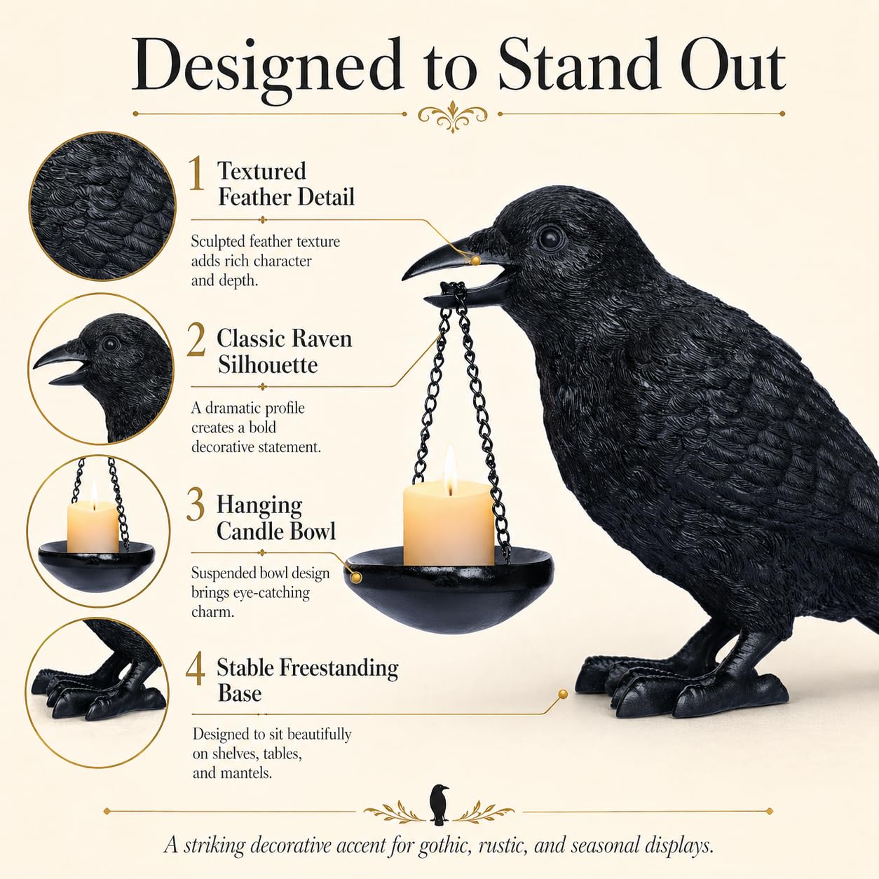 Gothic Crow Lamp with Tealight Candle Holder Raven Statue Halloween Decor Black Bird Decorations Indoor Gothic Home Decor for Living Room Tabletop Shelf Bedroom Unique Goth Witchy Gifts