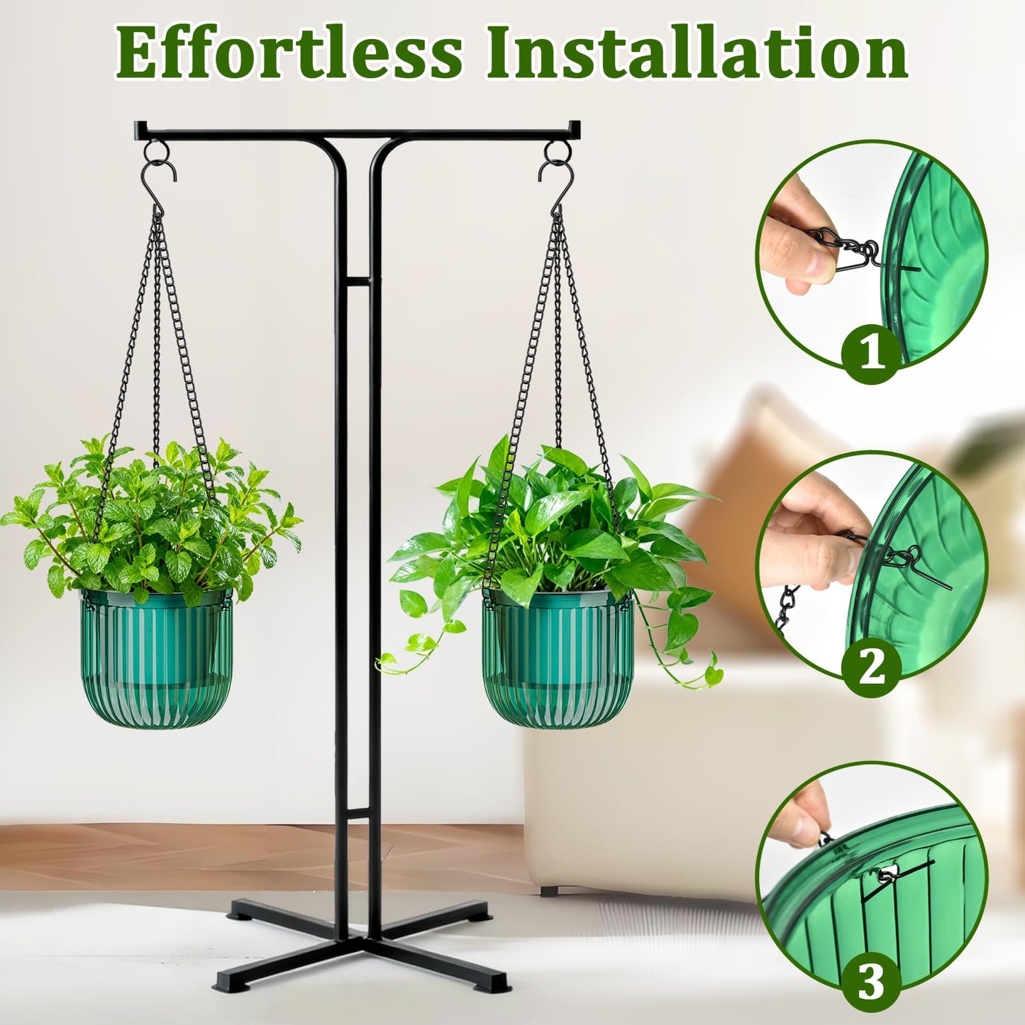 Halatool 2 Pack 6.5 Inch Self-Watering Hanging Planters for Plants, Indoor Hanging Flower Pots for Garden Home Wall Decor, Green