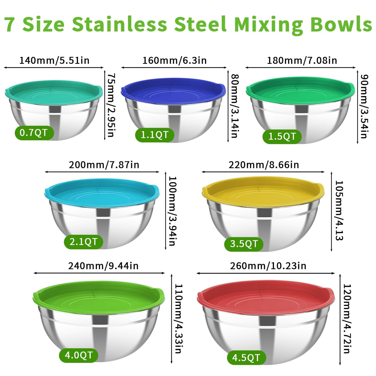 7 Pcs Stainless Steel Mixing Bowls with Colorful Lids Set Metal Salad Bowls