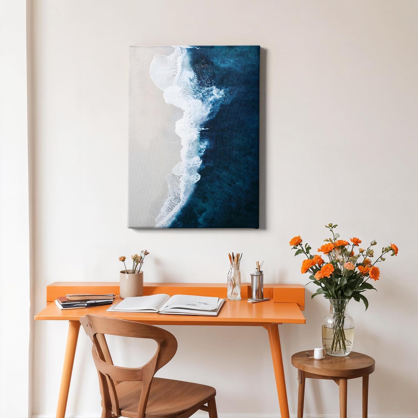 Ocean Wave Canvas Wall Art Navy Blue Ocean Pictures Beach Scene Painting Modern Coastal Prints Nature Ocean Wall Art Blue Ocean Paintings Ocean Landscape Poster for Living Room 16x24in with Frame