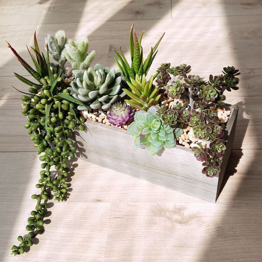 Supla Artificial Potted Succulents Plants Arrangement Fake Succulent Plants in Rectangular Wooden Pot Arrangement for Table Centerpiece Windowsill Greenery Decor