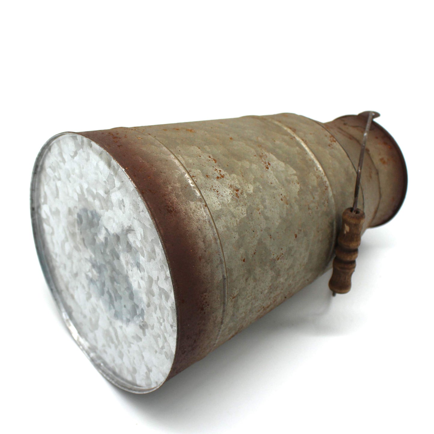 CVHOMEDECO. 10 Inch Galvanized Metal Milk Can with Wooden Handle, Old Rustic Farmhouse Pitcher Jug Vase for Home and Garden Décor. Grey