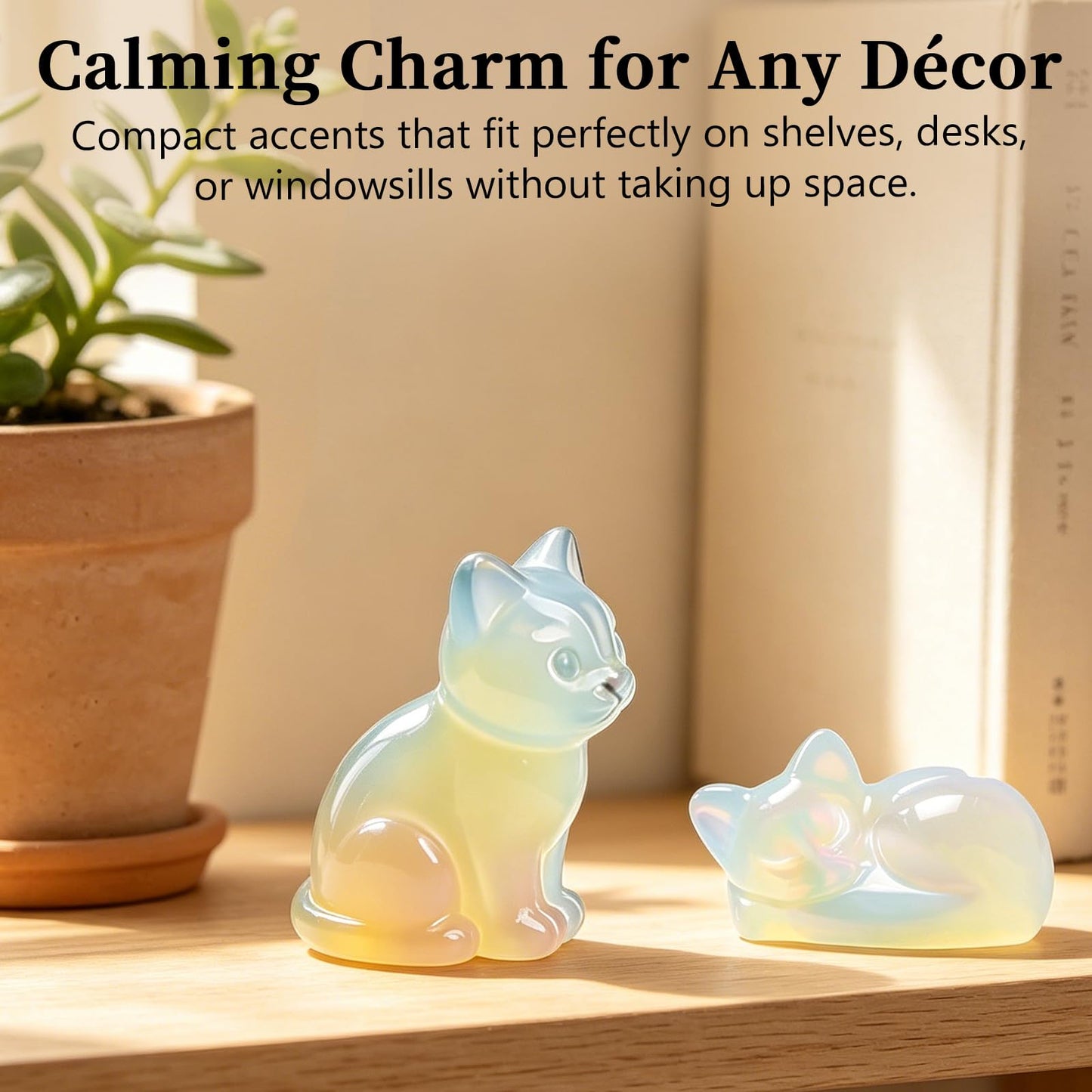 LIDSCURA 2 PCS Blue Opal Moonstone Cat Figurines Set, Sitting & Lying Crystal Cat Statues, Natural Stone Home Office Desk Decor, Gift for Cat Lovers (Includes Gift Box)