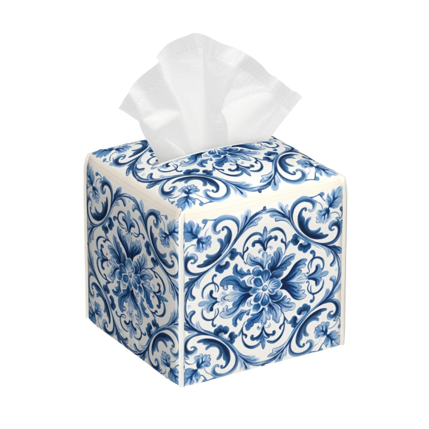 YPPAHHHH Square Tissue Box Cover Blue Boho Flower Retro Ceramic Cube Tissue Holder Cover Pu Leather Tissue Box Holder for Office Kitchen Car Bathroom Facial Paper Organizer Dispenser Covers