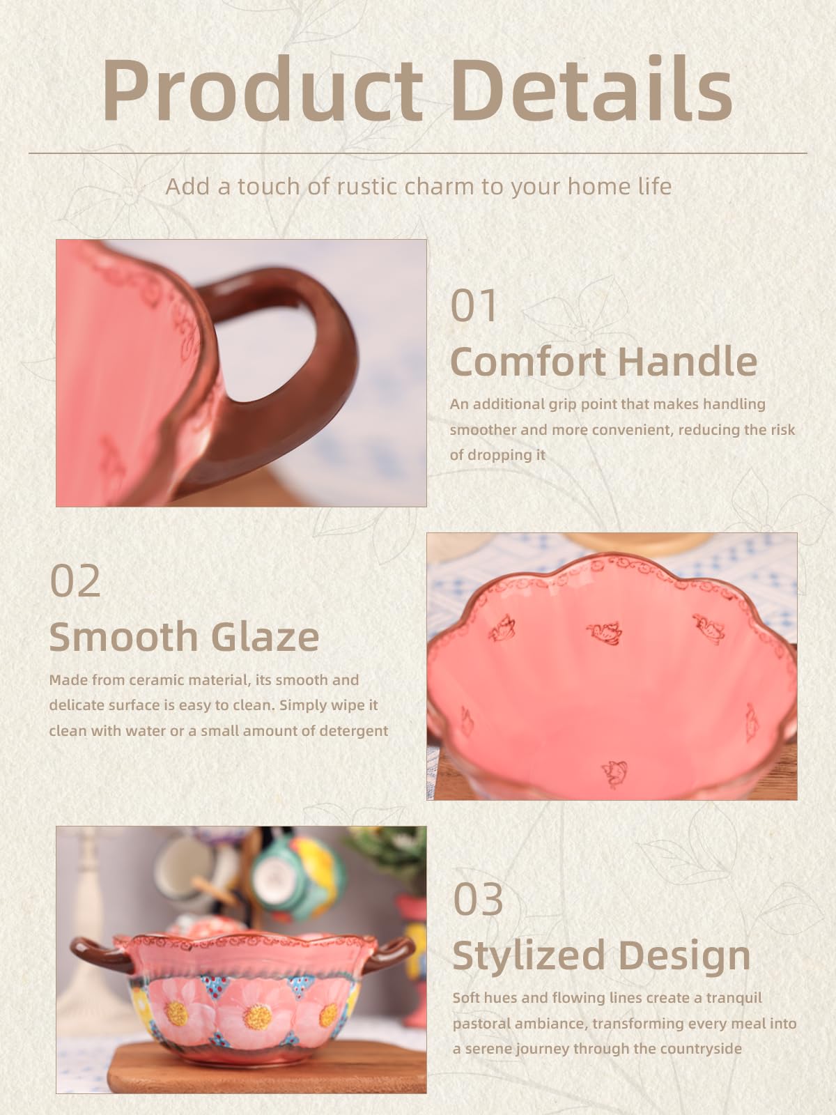 silesia Handmade Salad Bowls with Handles, 45 oz Hand-Painted Serving Bowl, Large Ceramic Crocks for Soup, Pasta, Stew, Microwave & Dishwasher Safe, Kitchen Decor Gift (Glazed Pink)
