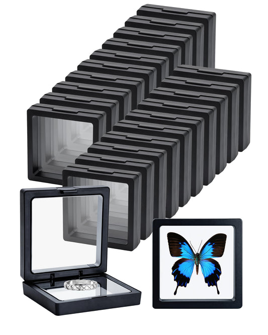 24 Pcs Black 3D Floating Case 2.8 x 2.8 x 0.8 Inch, Clear PE Film Shadow Box with Stands for Antique Coins, Jewelry, Shells, Gems, Minerals, Rocks, Pins & Specimens