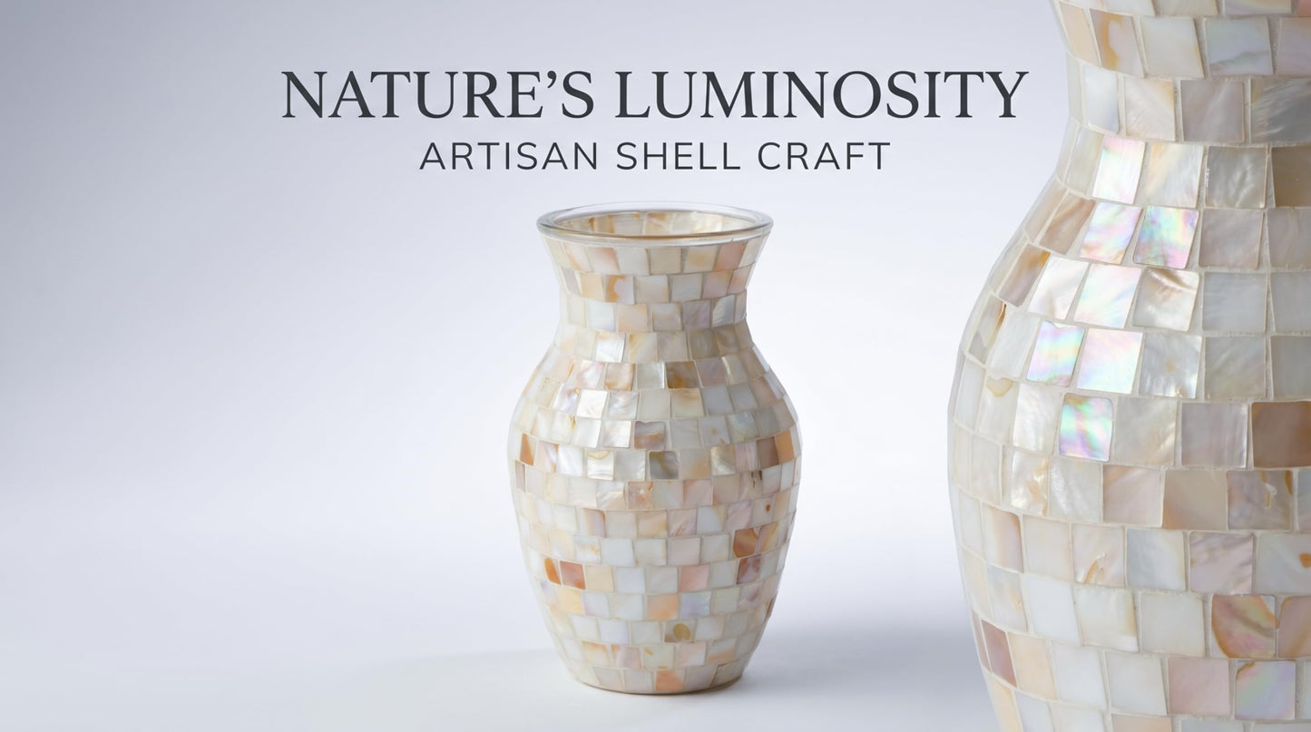 ZHIPINHUI 8" Natural Shell Mosaic Vase, Handmade Pearlescent Glass Flower Vase, Iridescent White Decorative Centerpiece for Bedroom, Bathroom, Coastal Home Decor & Wedding