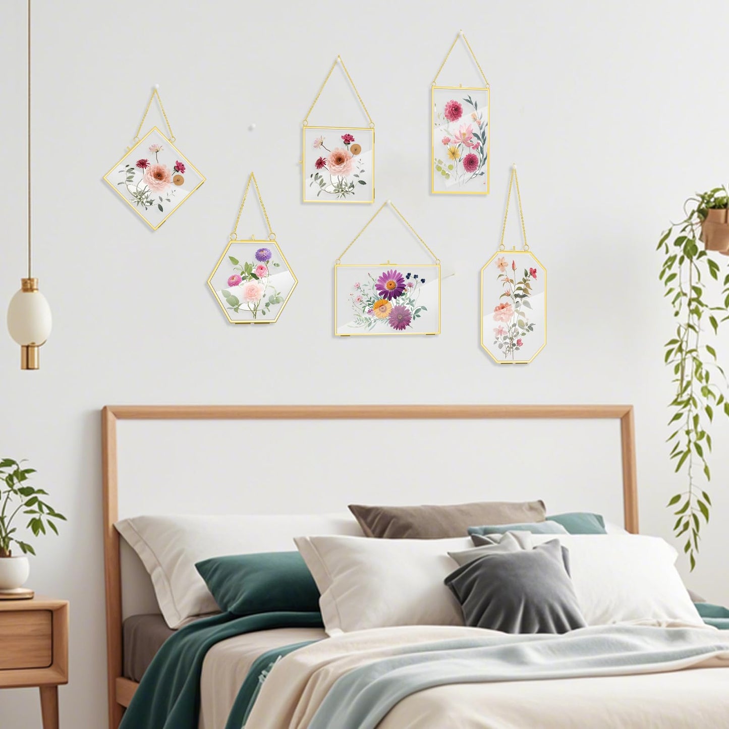 OINETRK 12 Pcs Brass Glass Frame for Pressed Flowers with Chain Clear Double Glass Floating Artwork Display Frame for Photo Gifts Wall Decor with Dried Plant Leaf, 6 Shapes