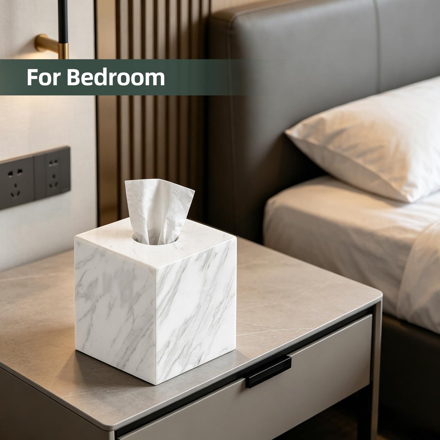 Mylvrek Natural Marble Tissue Box Cover, Square Cube Facial Marble Napkin Holder with Open Bottom, Decorative Marble Tissue Dispenser for Bathroom Countertop, Office Desk, Dining Table (White)