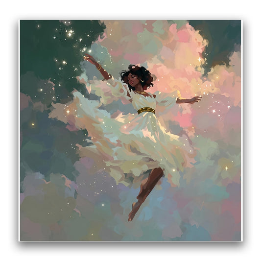 QNSOMI Boho Wall Decor Cloud Joy Dancing African American Girl Portrait Unframed 16x16 Inches For Minimalist Home Office Elegant Lounge Area Women Gatherings Room And Contemporary Interior Decor