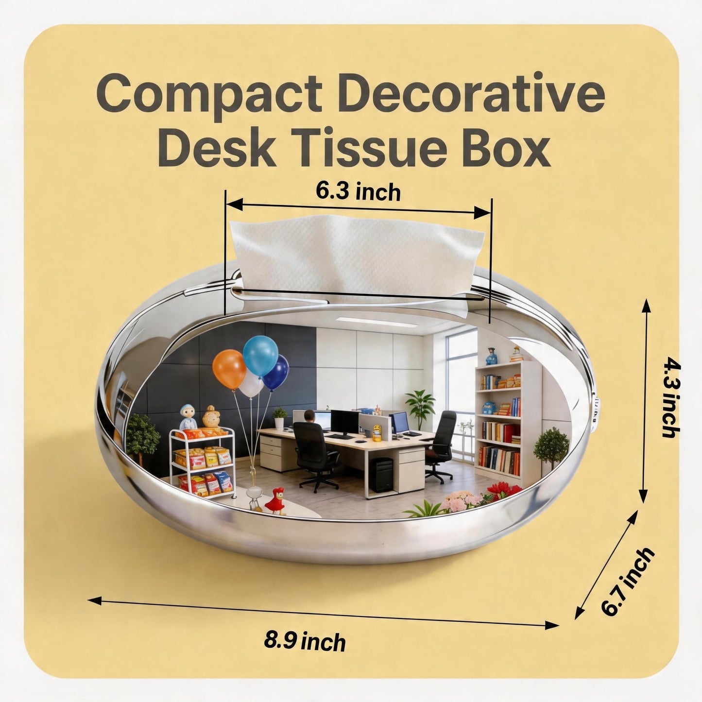 Silver Mirror Finish Plastic Tissue Box Cover – Magnetic Lid Oval Tissue Holder, Cubicle Mirror for Desk Design, Modern Luxe Office Decor & Tissue Box Organizer