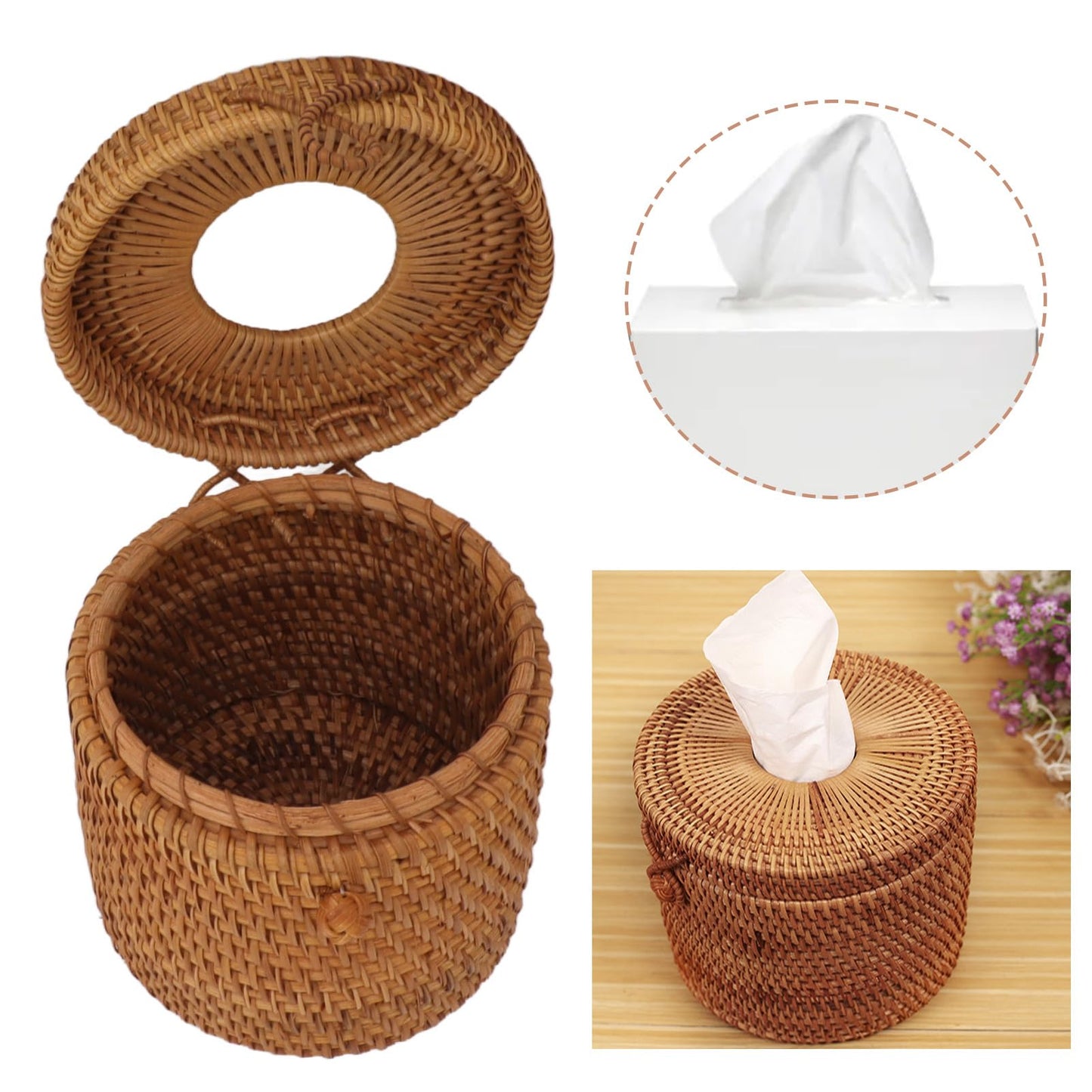 Rattan Tissue Box Cover, Decorative Woven Facial Tissue Holder with Lid Hand Wicker Facial Napkin Holder for Bathroom Toilet Living Room