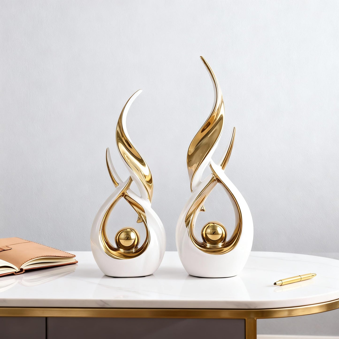 2-Piece Abstract White and Gold Home Decor, Ceramic Abstract Sculpture, Modern Art Piece, Suitable for Room Coffee Table Countertops, Office Bookshelves, Dining Table Centers, Entryway Decor.