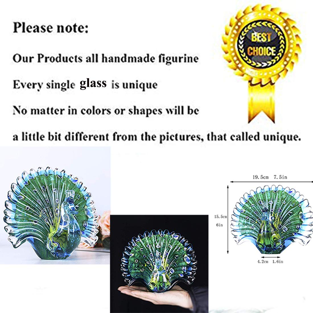 Crystalsuncatcher Hand Blown Glass Peacock Figurines Collectible Gift for Women Glass Art Animal Sculpture for Home Table Decorations (7.5in,Green)