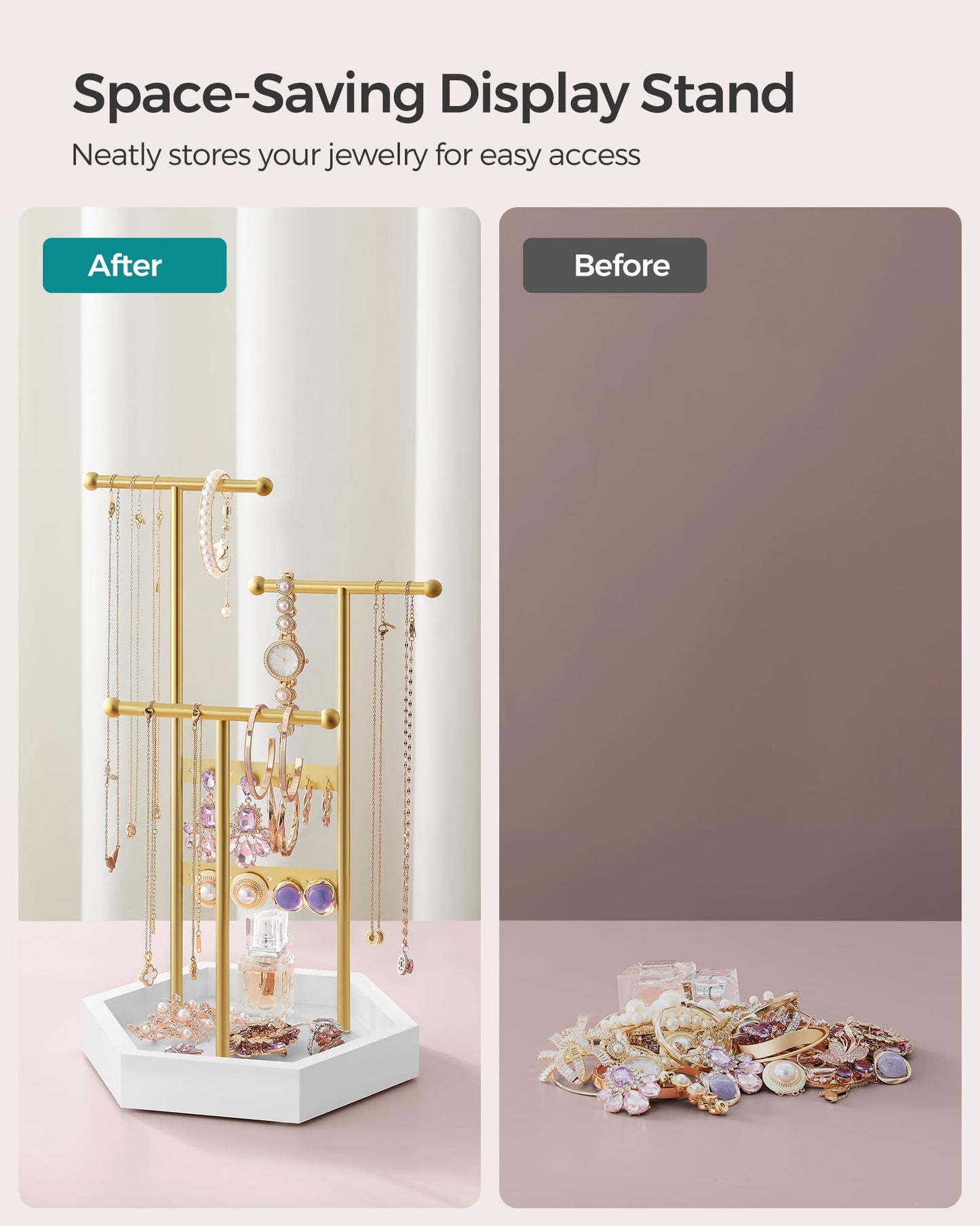 SONGMICS Set of 2 Jewelry Holders Organizers, 3 Tiers and 1 Tray, Jewelry Display Stands with Metal Frame, Necklace Earring Bracelet Holder, for Rings, Pale Gold and White UJJS003A01-2J